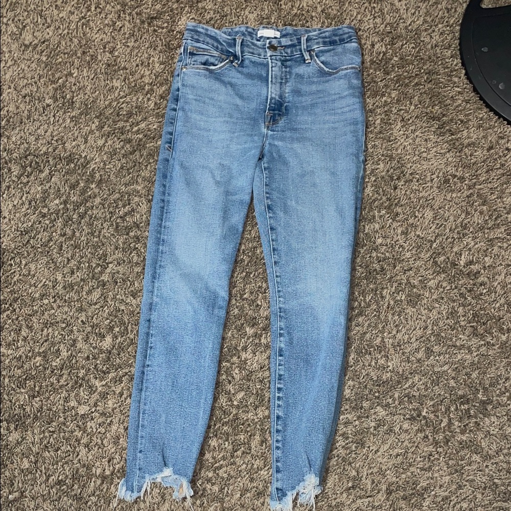 Good American Light Blue Skinny Jeans with Raw Hem